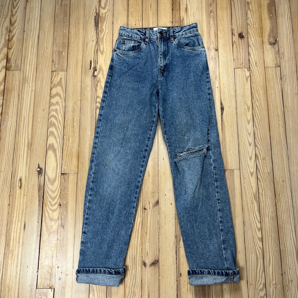 Cotton On Long‎ Straight Leg Jeans Blue Distressed High Rise Womens Size 2 US